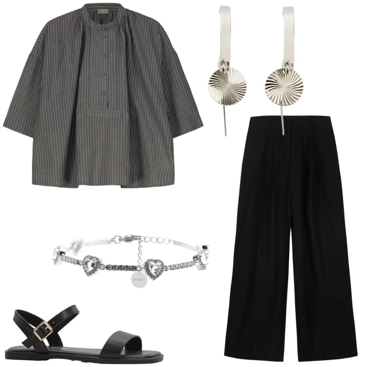 Outfit donna - In ufficio. Stile Casual chic per Ufficio. Abbinamento con sandali, orecchini, braccialetti, pantaloni, camicie a manica corta.