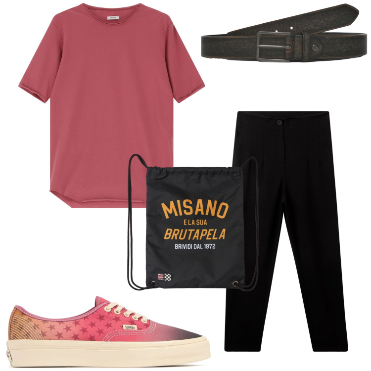 Outfit uomo - In città. Stile Urban per Tutti i giorni. Abbinamento con borse sportive, pantaloni chino, cinture, t-shirt, sneakers.