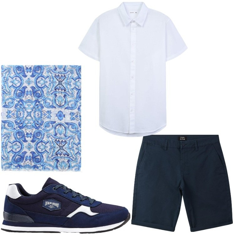 Outfit uomo - Biancoblu. Stile Casual per Tutti i giorni. Abbinamento con sneakers, camicie a manica corta, bermuda, sciarpe e foulard.