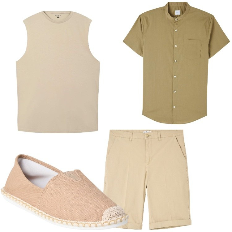 Outfit uomo - Gradazioni di colore. Stile Casual per Tutti i giorni. Abbinamento con camicie a manica corta, bermuda, espadrillas, canottiere.