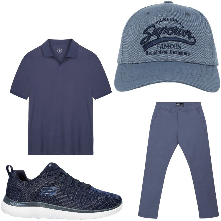 Outfit uomo - Blu. Stile Casual per Tutti i giorni. Abbinamento con sneakers, cappelli con visiera, pantaloni chino, polo.