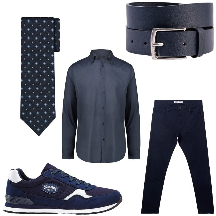Outfit uomo - All blue. Stile Business/Elegante per Serata speciale. Abbinamento con sneakers, pantaloni skinny, cinture, cravatte, camicie.