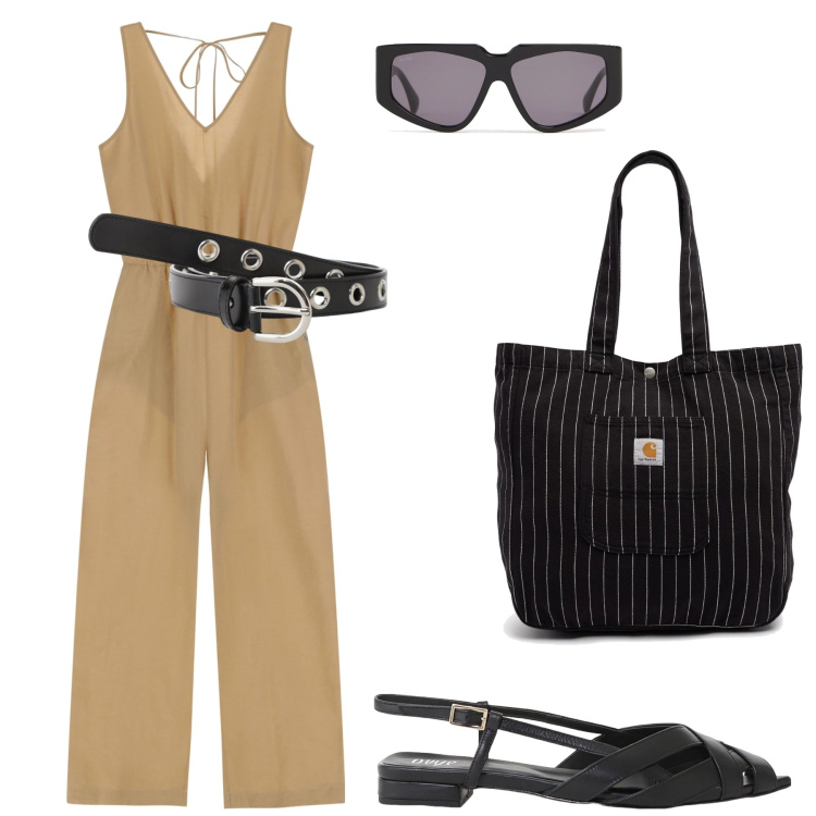 Outfit donna - Il pomeriggio in città. Stile Casual per Tutti i giorni. Abbinamento con tute, cinture, sandali, borse tote, occhiali da sole.