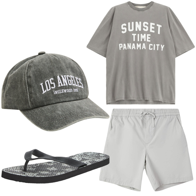 Outfit uomo - Summer mood. Stile Casual per Tutti i giorni. Abbinamento con sandali, pantaloni corti, cappelli, t-shirt.