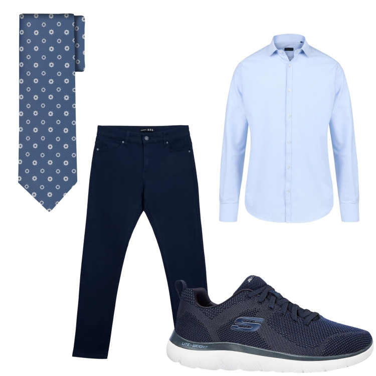 Outfit uomo - Ultimi giorni di lavoro. Stile Business/Elegante per Ufficio. Abbinamento con sneakers, pantaloni skinny, cravatte, camicie.