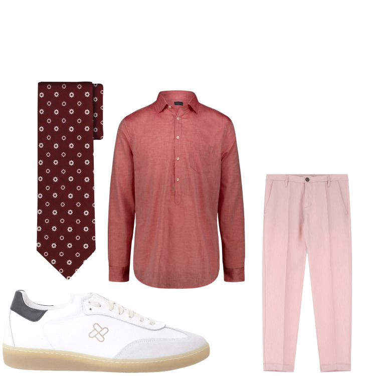 Outfit uomo - Tonalità rosa. Stile Business/Elegante per Ufficio. Abbinamento con pantaloni, sneakers, cravatte, camicie.