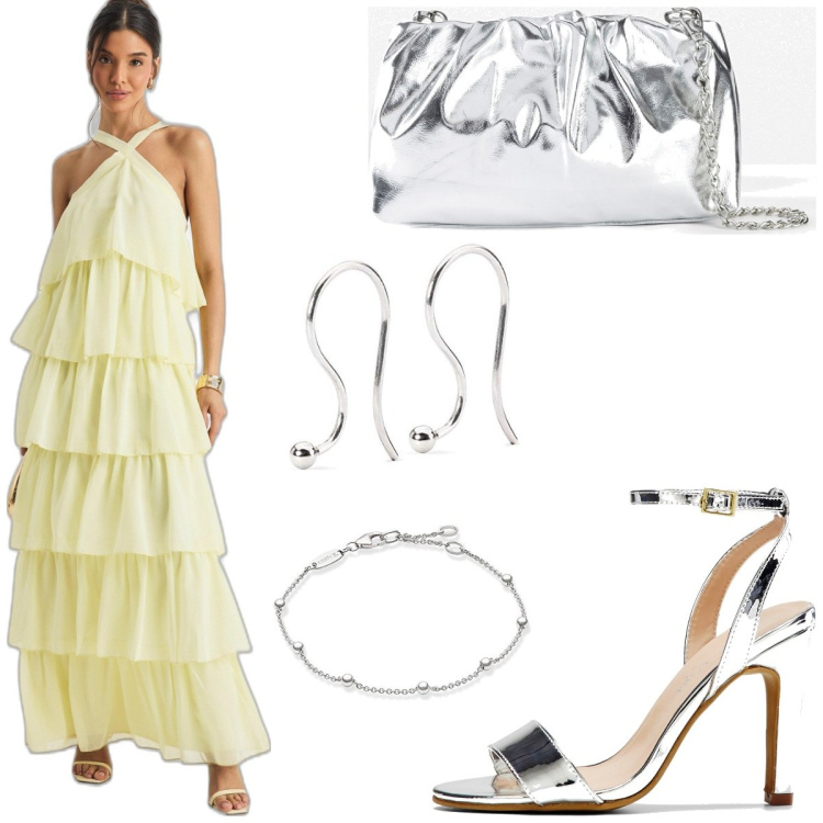 Outfit femme - Briller en soirée. Style Chic pour Soirée dehors. Assortir avec sandales à talon, pochette, boucles d'oreilles, bracelets avec cabochons, robes longues.