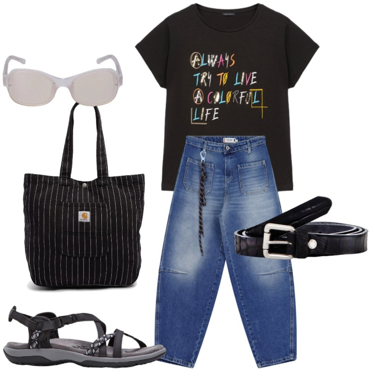 Outfit donna - Total look #2210858. Stile Urban per Tutti i giorni. Abbinamento con sandali, jeans, cinture, t-shirt, borse tote, occhiali da sole.