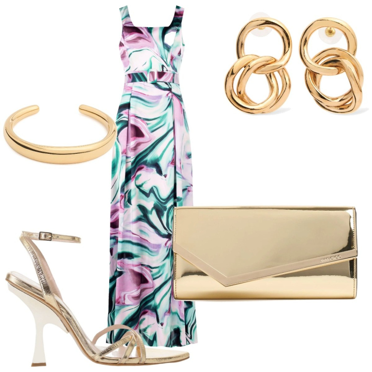 Outfit donna - Cerimonia a fine Luglio. Stile Chic per Cerimonia. Abbinamento con vestiti lunghi, sandali col tacco, pochette, orecchini, braccialetti.