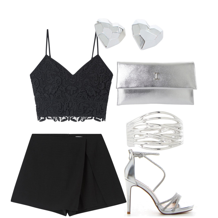 Outfit donna - Ballare in spiaggia fino al mattino. Stile Glamour per Serata fuori. Abbinamento con top, minigonne, pochette, orecchini, braccialetti, sandali col tacco.