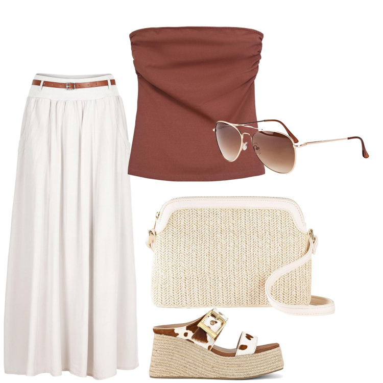 Outfit donna - Sole, spiaggia e passeggiate. Stile Bon Ton per Tutti i giorni. Abbinamento con gonne lunghe, borse a tracolla, occhiali da sole, top, zeppe.