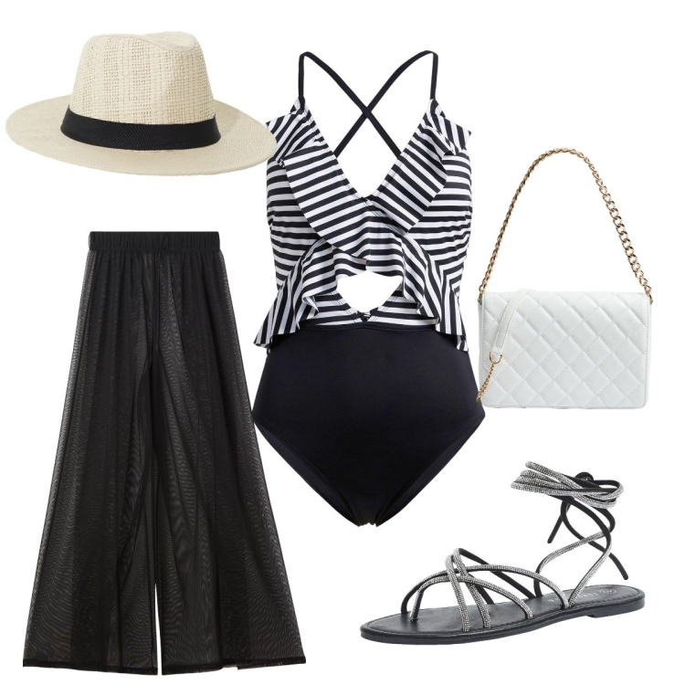 Outfit donna - Passeggiata glamour. Stile Glamour per Mare. Abbinamento con costumi interi, sandali alla schiava, pantaloni a palazzo, borse a tracolla, cappelli.