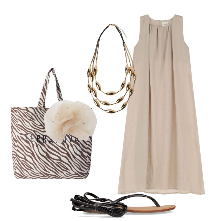 Outfit donna - Cena con …stile. Stile Glamour per Serata fuori. Abbinamento con borse tote, vestiti lunghi, foulard, sandali alla schiava, collane.