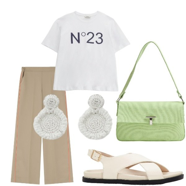 Outfit donna - Outifit di luglio. Stile Casual chic per Tutti i giorni. Abbinamento con sandali, borse a spalla, pantaloni, t-shirt, orecchini.