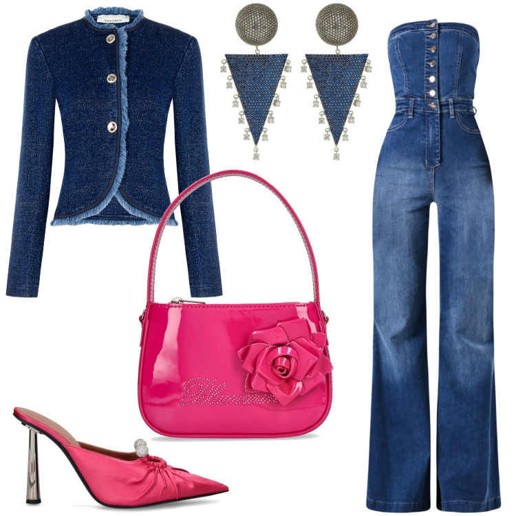 Outfit donna - La tuta denim ... I love It!. Stile Casual chic per Serata fuori. Abbinamento con blazer, tute, borse a mano, orecchini, pantofole.