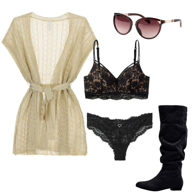 Outfit donna - Sexy Chic. Stile Sexy per Serata fuori. Abbinamento con occhiali da sole, stivali, reggiseni, culotte, cappotti.