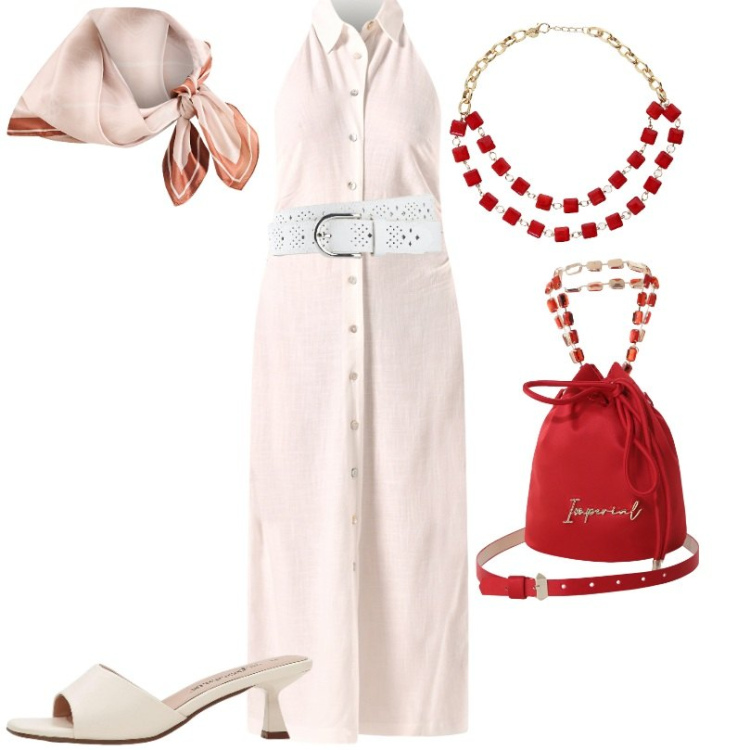 Outfit donna - Chemisier in Lino Bianco. Stile Casual chic per Tutti i giorni. Abbinamento con cinture, ciabatte, vestiti chemisier, foulard, borse a secchiello, collane.