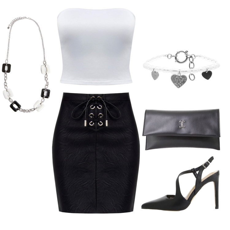 Outfit donna - Elegante. Stile Glamour per Serata fuori. Abbinamento con top, gonne, décolleté, pochette, braccialetti, collane.