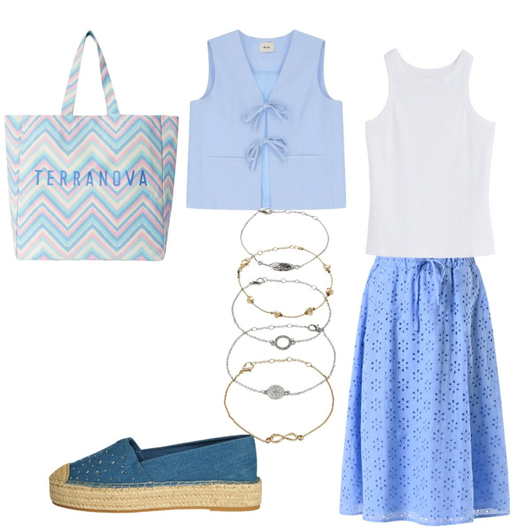 Outfit donna - Nei toni dell, \'azzurrò. Stile Bon Ton per Tutti i giorni. Abbinamento con braccialetti con ciondoli, canottiere, espadrillas, borse tote, gonne longuette, gilet.