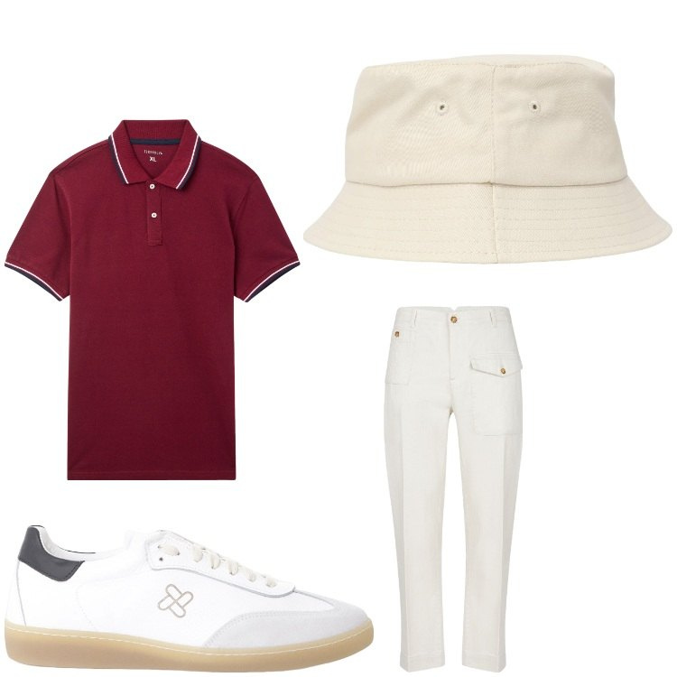 Outfit uomo - Holiday. Stile Casual per Tutti i giorni. Abbinamento con cappelli, polo, sneakers, pantaloni.