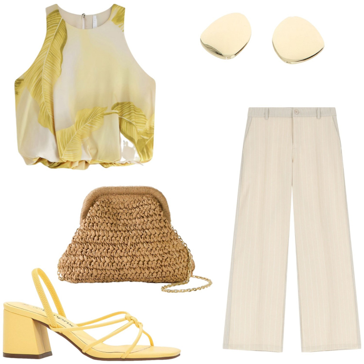 Outfit donna - Cena romantica. Stile Chic per Serata fuori. Abbinamento con sandali col tacco, borse a tracolla, pantaloni, top, orecchini.