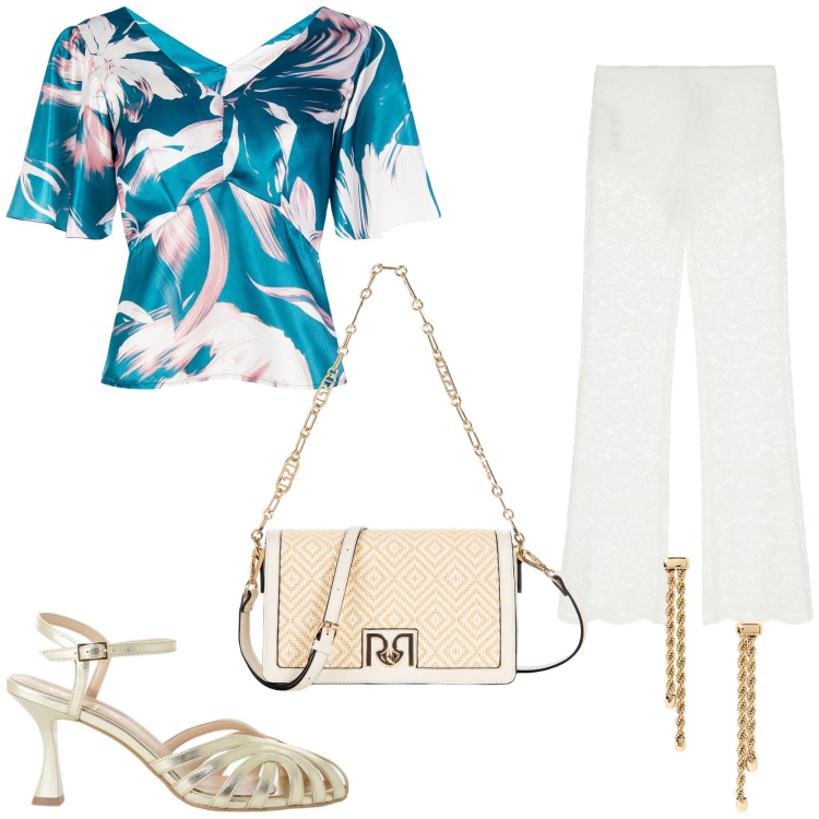 Outfit donna - Cerimonia estiva. Stile Glamour per Cerimonia. Abbinamento con bluse, borse a tracolla, pantaloni, sandali col tacco, orecchini.