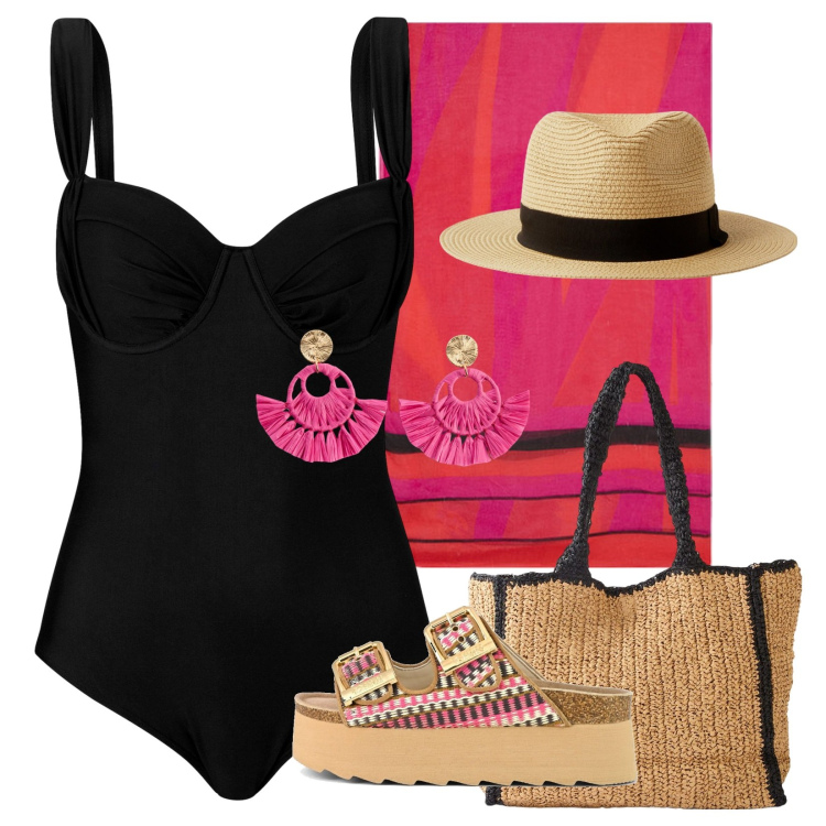 Outfit donna - Maxi Pareo!. Stile Casual per Mare. Abbinamento con shopping bag, orecchini, costumi interi, cappelli, sandali, vestiti da spiaggia.