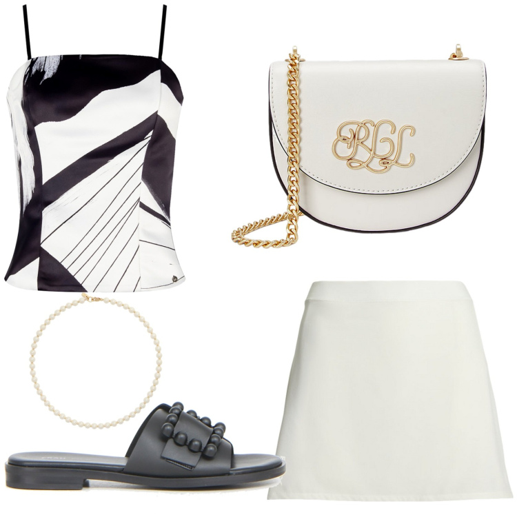Outfit donna - Aperitivo al tramonto. Stile Glamour per Serata fuori. Abbinamento con canottiere, borse a tracolla, minigonne, collane, ciabatte.