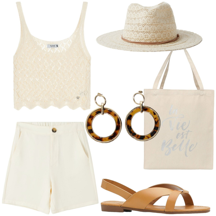 Outfit donna - Total look #2210936. Stile Basic per Tutti i giorni. Abbinamento con sandali, bermuda, borse tote, cappelli, top, orecchini.
