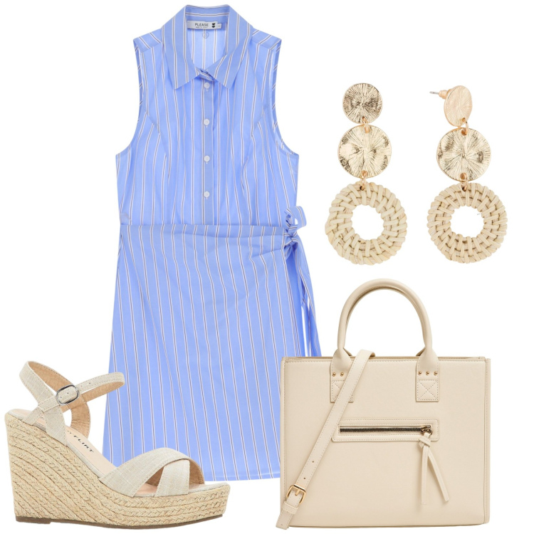 Outfit donna - Total look #2210942. Stile Bon Ton per Tutti i giorni. Abbinamento con orecchini, sandali, shopping bag, vestiti chemisier.