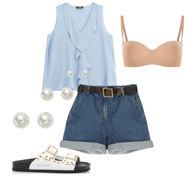 Outfit donna - Sul lungomare di sera. Stile Trendy per Serata fuori. Abbinamento con reggiseni, bermuda, top, orecchini, ciabatte.