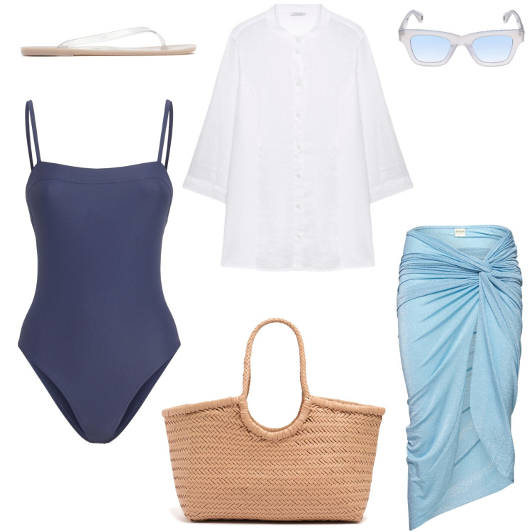 Outfit donna - Estate azzurra. Stile Casual chic per Mare. Abbinamento con camicie, vestiti da spiaggia, shopping bag, occhiali da sole, costumi interi, infradito.