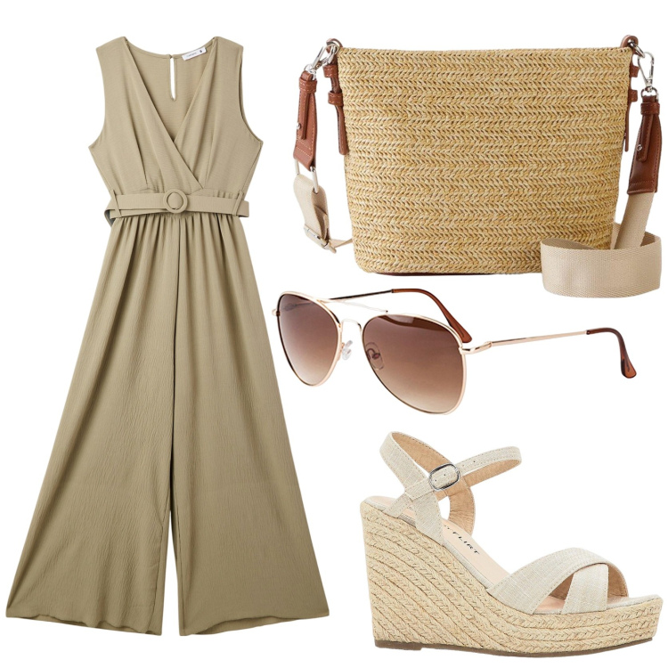 Outfit donna - Le tue vacanze con stile. Stile Casual chic per Tutti i giorni. Abbinamento con occhiali da sole, sandali, borse a tracolla, tute.