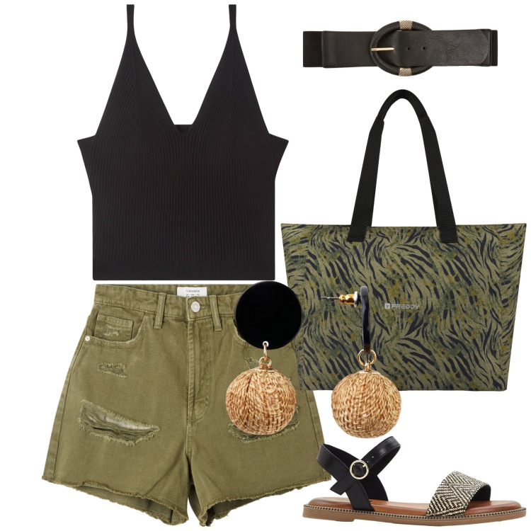 Outfit donna - Total look #2210952. Stile Military per Tutti i giorni. Abbinamento con orecchini, sandali, shorts, cinture, top, shopping bag.
