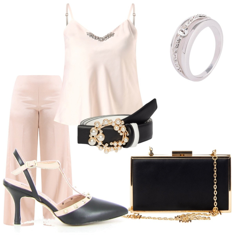 Outfit donna - Outfit monocromatico twist -Curvy. Stile Chic per Serata fuori. Abbinamento con anelli, pochette, pantaloni a palazzo, canottiere, sandali in pelle, cinture.