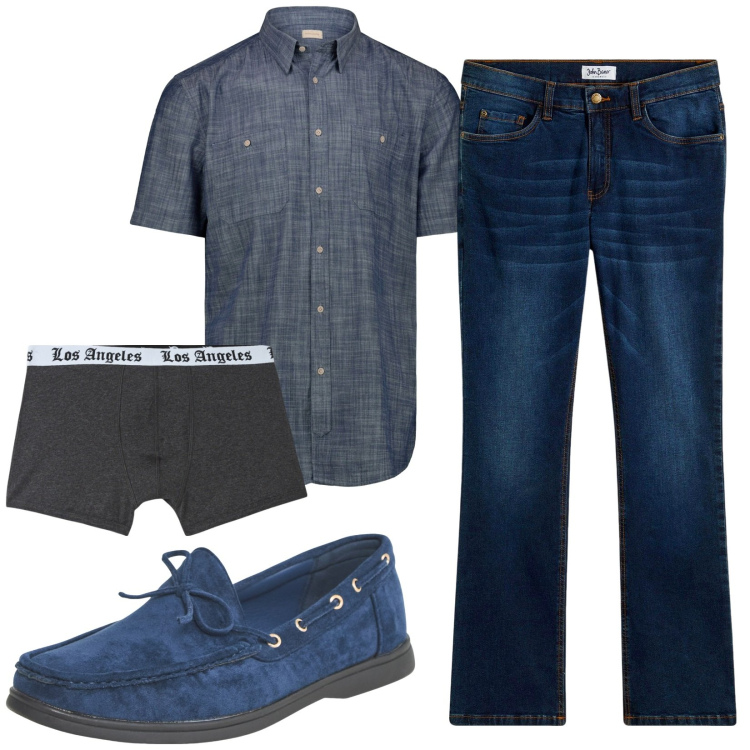 Outfit uomo - Total look #2210962. Stile Casual per Tutti i giorni. Abbinamento con jeans bootcut, scarpe stringate, boxer, camicie a manica corta.