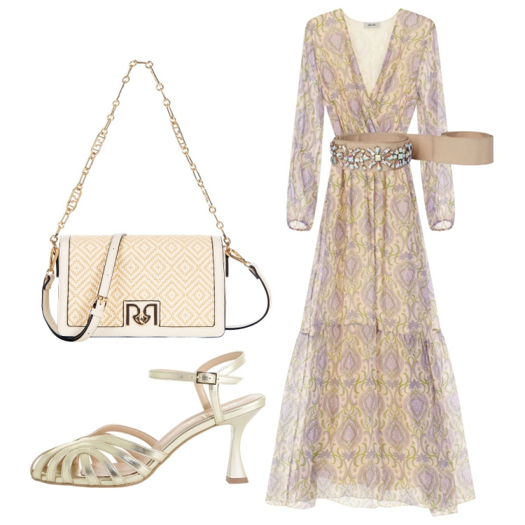Outfit donna - Serata romantica. Stile Romantica per Serata fuori. Abbinamento con borse a tracolla, sandali col tacco, vestiti lunghi, cinture.