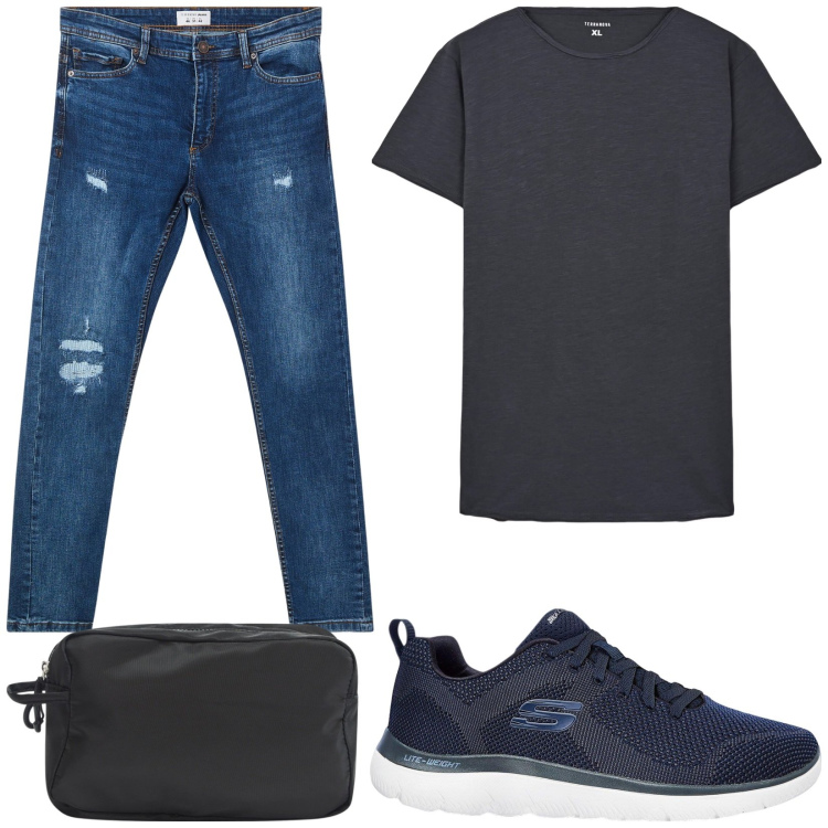 Outfit uomo - Total look #2210966. Stile Casual per Tutti i giorni. Abbinamento con sneakers, jeans strappati, borse sportive, t-shirt.