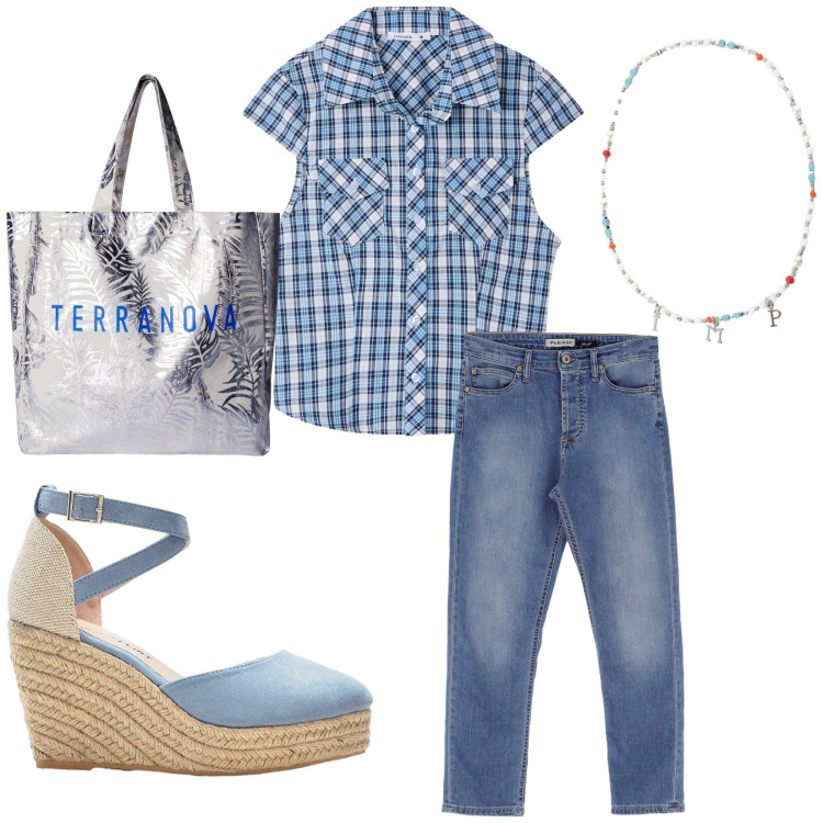 Outfit donna - Total look #2210970. Stile Basic per Tutti i giorni. Abbinamento con sandali, borse tote, camicie a manica corta, jeans, collane.