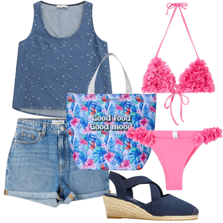Outfit donna - Baciata dal sole. Stile Casual per Mare. Abbinamento con sandali col tacco, shorts, bikini, bikini, borse tote, top.