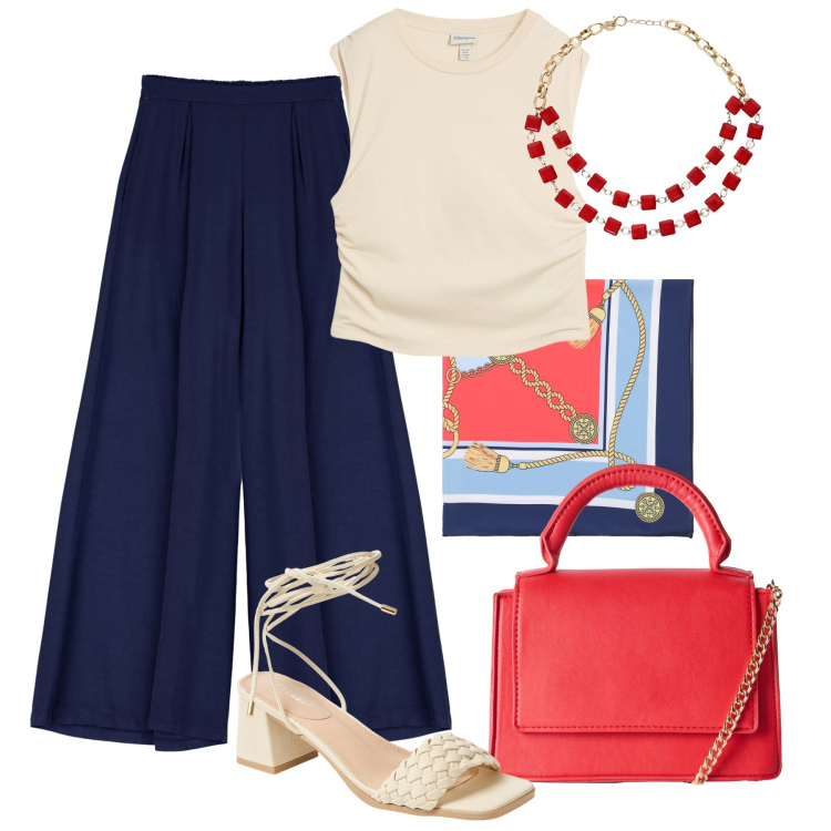 Outfit donna - Ufficio estivo. Stile Casual chic per Ufficio. Abbinamento con top, borse a tracolla, sandali alla schiava, foulard, collane, pantaloni.