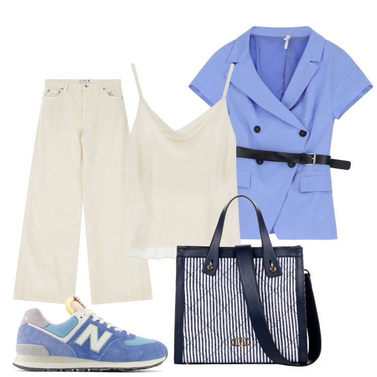 Outfit donna - In città. Stile Minimal per Tutti i giorni. Abbinamento con sneakers, shopping bag, pantaloni, blazer, top.