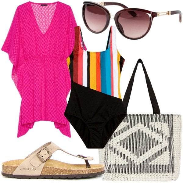 Outfit donna - Spiaggia outfit curvy. Stile Casual chic per Mare. Abbinamento con costumi interi, occhiali da sole, caftani, infradito, shopping bag.