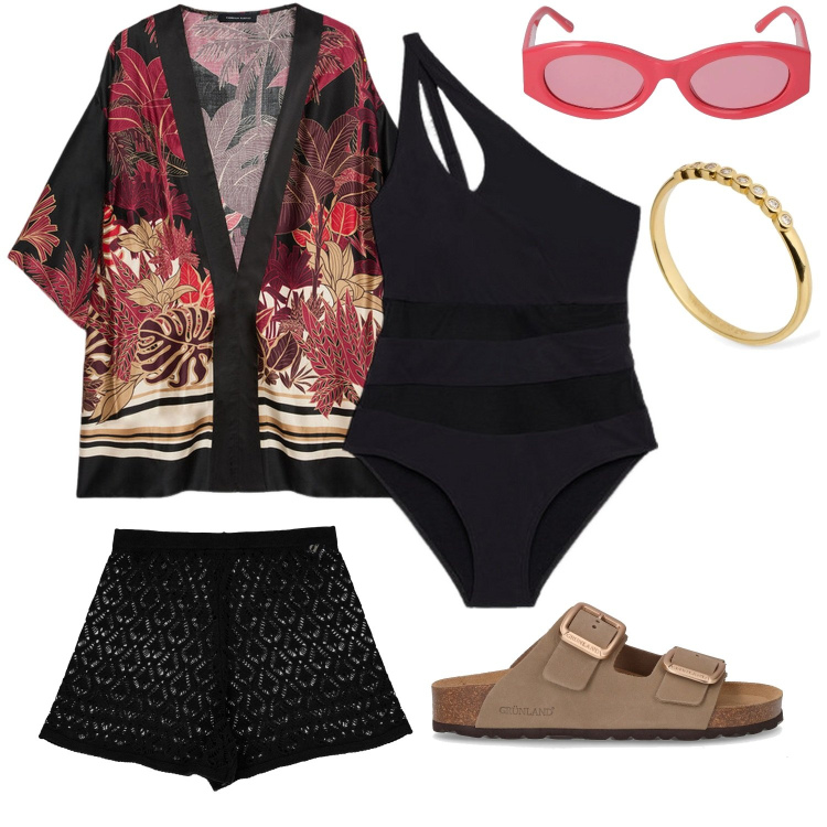 Outfit donna - In costume con stile. Stile Glamour per Mare. Abbinamento con shorts, kimono, costumi interi, ciabatte, occhiali da sole, anelli.