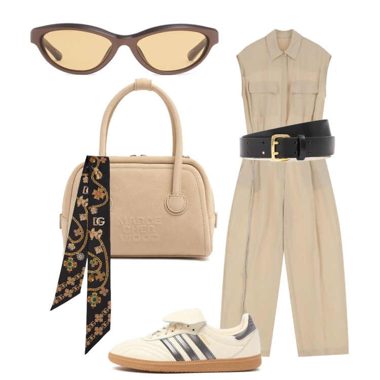 Outfit donna - Total beige. Stile Casual chic per Tutti i giorni. Abbinamento con tute, borse a mano, sneakers, foulard, cinture, occhiali da sole.