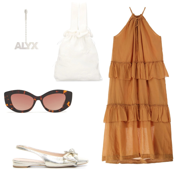 Outfit donna - Balze estive. Stile Romantica per Tutti i giorni. Abbinamento con vestiti lunghi, occhiali da sole, orecchini, borse a mano, sandali in pelle.
