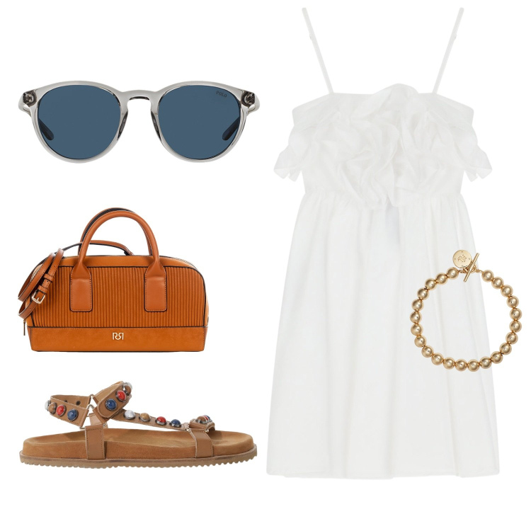 Outfit donna - Aperitivo in spiaggia. Stile Casual chic per Mare. Abbinamento con borse a mano, vestiti corti, sandali, braccialetti, occhiali da sole.