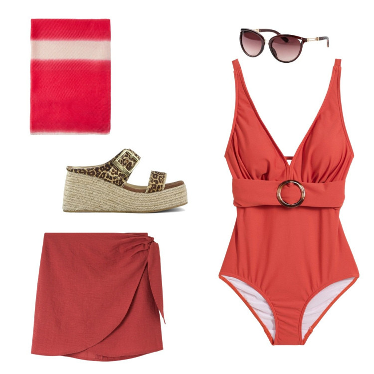 Outfit donna - Curvy in red. Stile Chic per Mare. Abbinamento con costumi interi, occhiali da sole, vestiti da spiaggia, zeppe, stole.