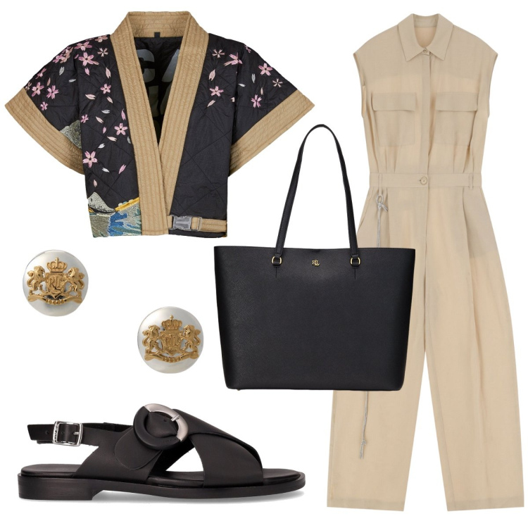 Outfit donna - La giacca a kimono. Stile Casual chic per Tutti i giorni. Abbinamento con tute, borse tote, orecchini, kimono, sandali.