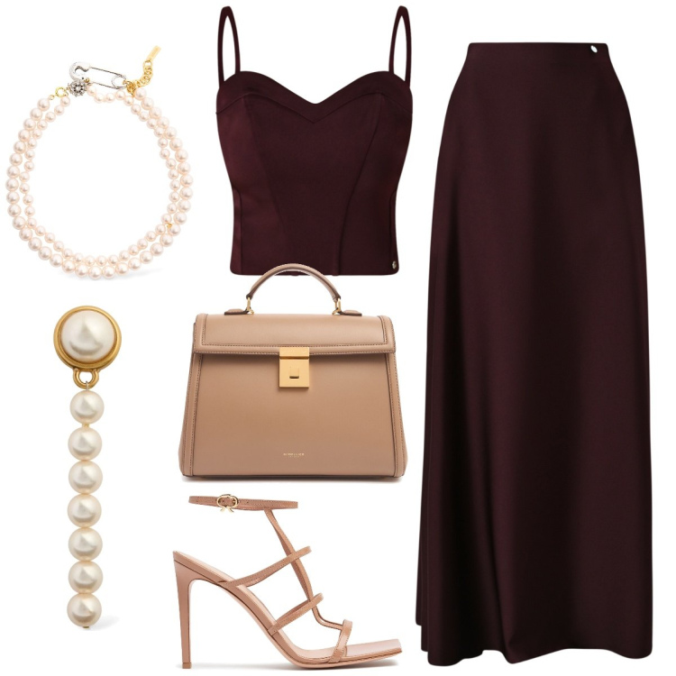Outfit donna - Cerimonia. Stile Chic per Cerimonia. Abbinamento con gonne lunghe, top, borse a mano, collane, orecchini, sandali in pelle.